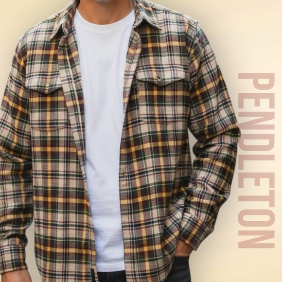 Pendleton Lodge Shirt Mens Large Brown Tartan Flannel 100% Wool Long Sleeves - Picture 1 of 13